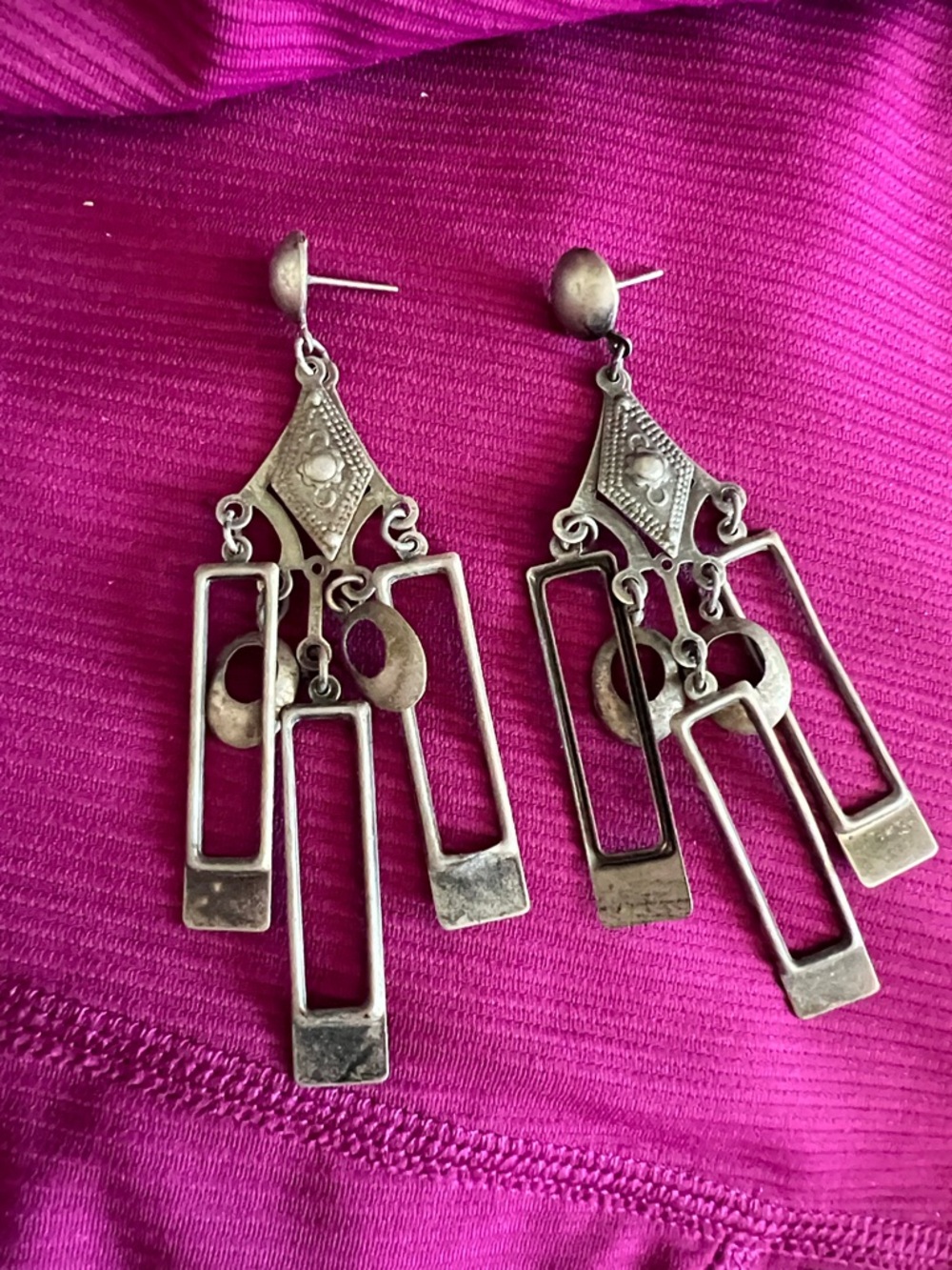 Vintage Silver-Tone Statement Dangle Earrings - Geometric Chandelier Style